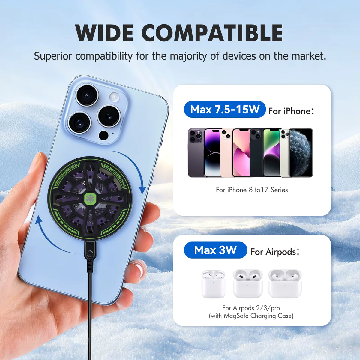 2-in-1 Magnetic Wireless Charger and Phone Cooler – 15W Charging, Digital Display and RGB Lights