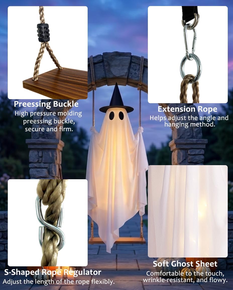 5FT Hanging Ghost Decoration – Halloween Outdoor Display with Swinging Design