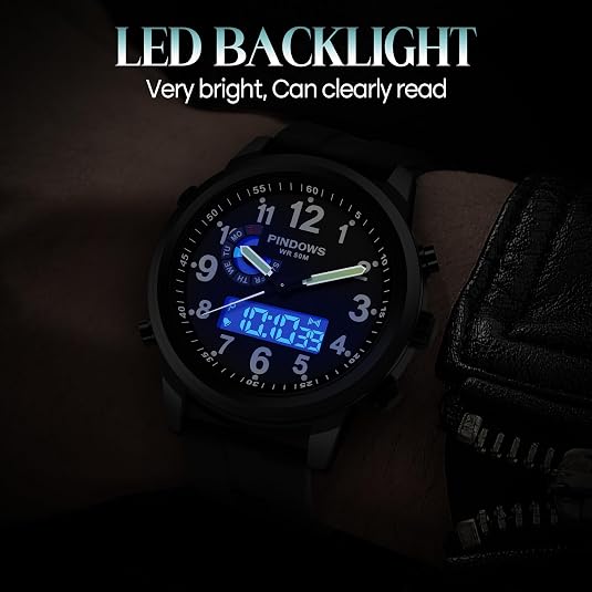 PINIDOUS Men’s Digital Analog Quartz Watch – Waterproof Wristwatch with Military-Inspired Design