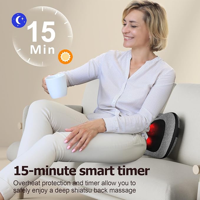 VIKTOR JURGEN Shiatsu Back Massager with Heat Function – Gray, Portable Massage Cushion