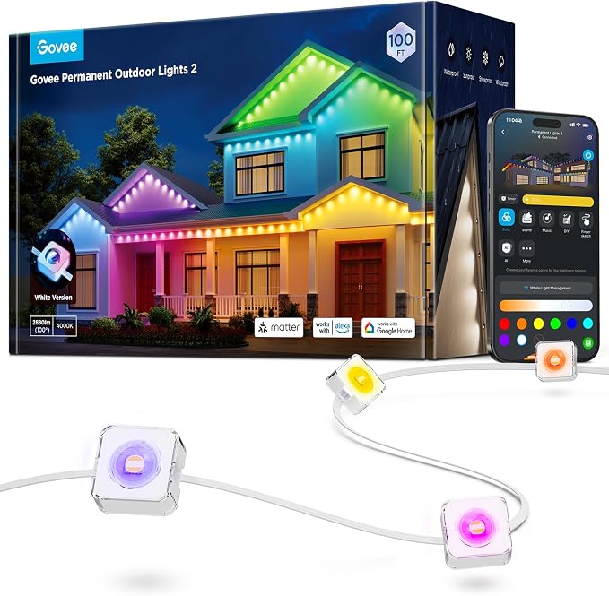 Govee Permanent Outdoor LED Lights 2 – 100 ft RGBIC Smart Lights with 100 Lighting Modes
