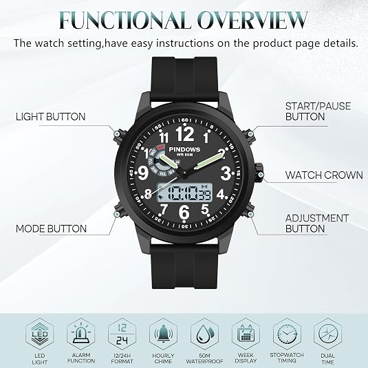 PINIDOUS Men’s Digital Analog Quartz Watch – Waterproof Wristwatch with Military-Inspired Design