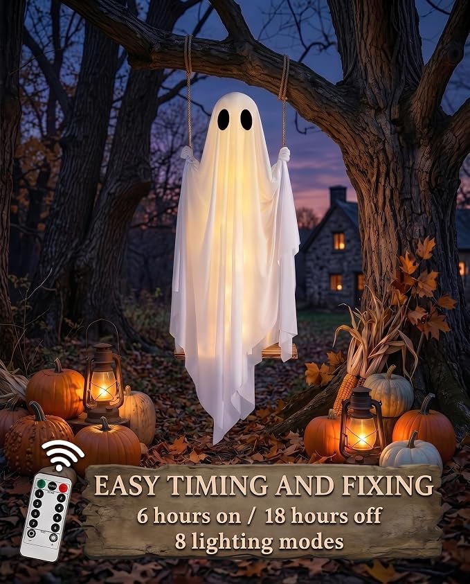 5FT Hanging Ghost Decoration – Halloween Outdoor Display with Swinging Design