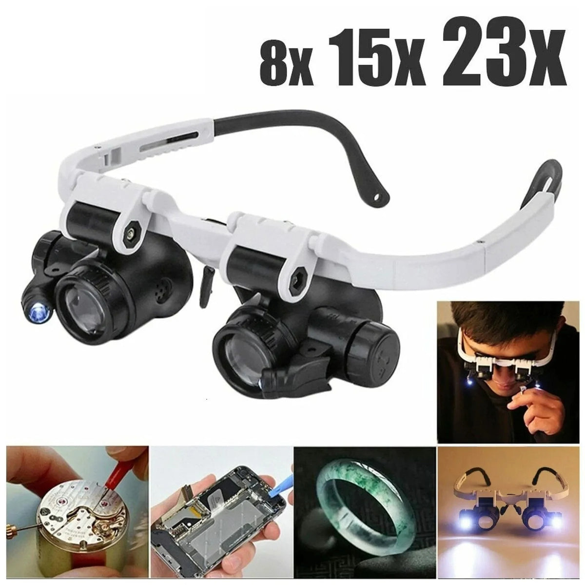 Adjustable 8X 15X 23X Magnifying Glass with 2 LED Lights for Precision Work