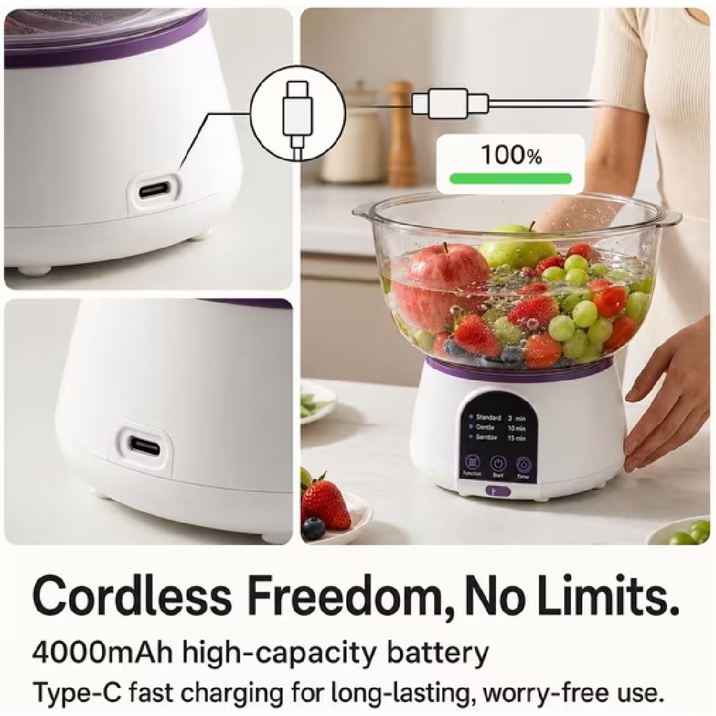 Electric Fruit and Vegetable Washer – 3.8L Purple Produce Cleaning Machine