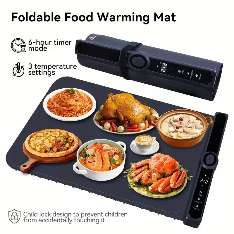 Portable Food Warming Mat with 3 Temperature Levels & 6-Hour Timer