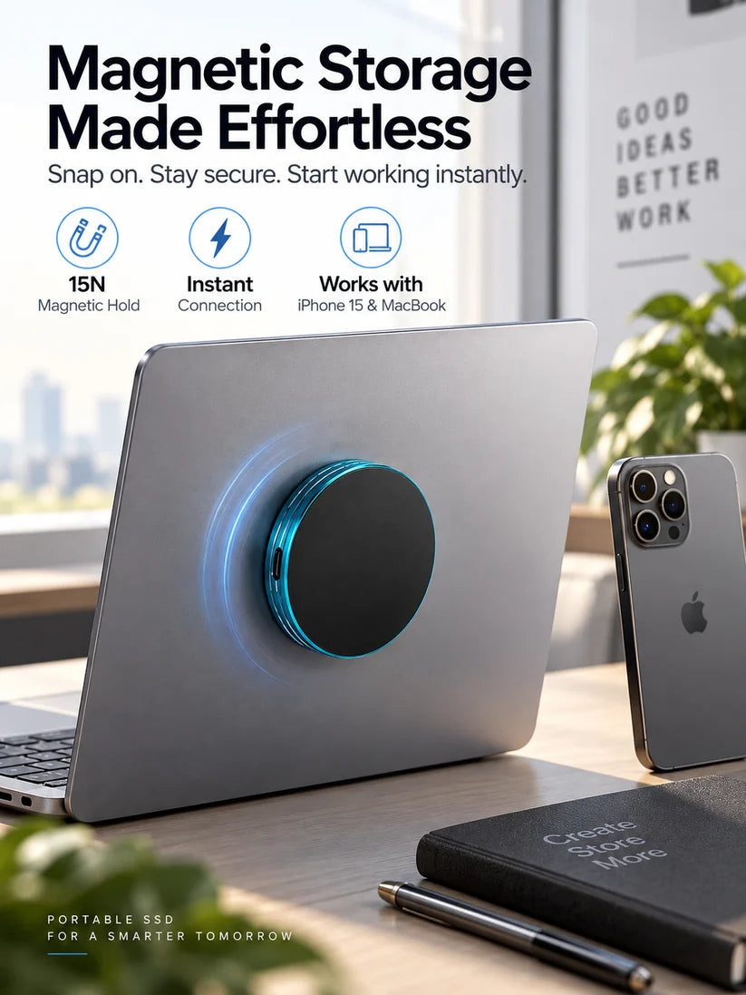 Magnetic Portable External SSD – Compact Solid State Drive with USB-C Connectivity