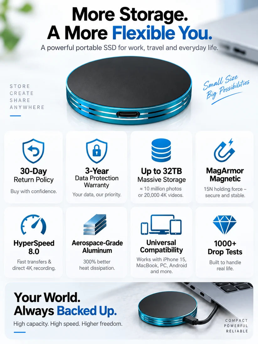 Magnetic Portable External SSD – Compact Solid State Drive with USB-C Connectivity