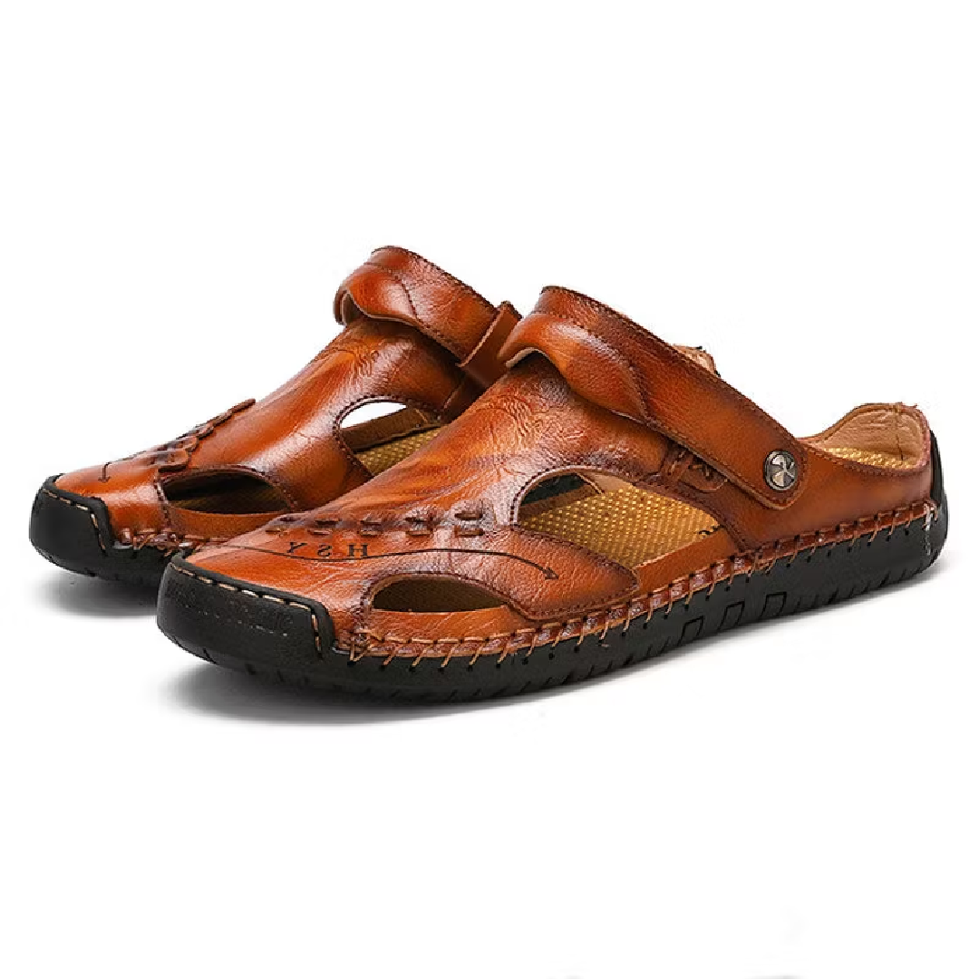 Sursell Men's Handmade Leather Sandals – Breathable Casual Open-Toe Footwear