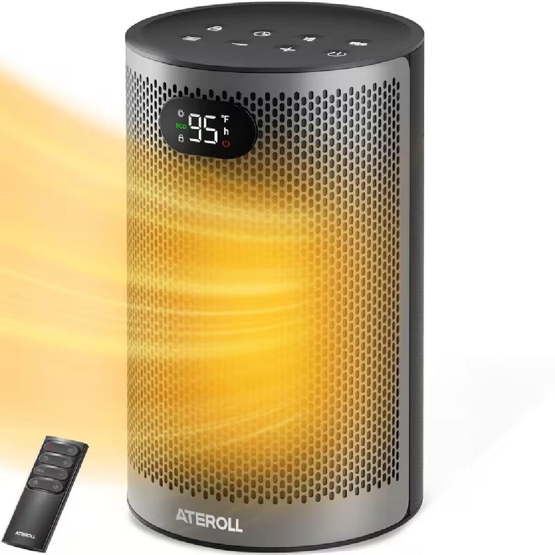 Portable 1500W PTC Ceramic Space Heater with Remote Control, Quiet Fan and Overheat Protection for Home and Office