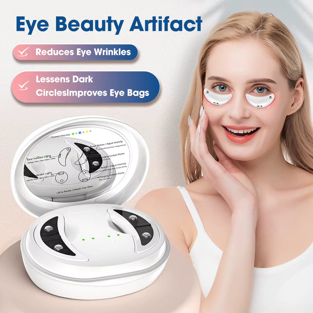 Red LED Under-Eye Patches with Gentle Pulses – 2-Pack, 660nm, 12 LEDs, 3 Levels, 10-Min Timer, Charging Case, White