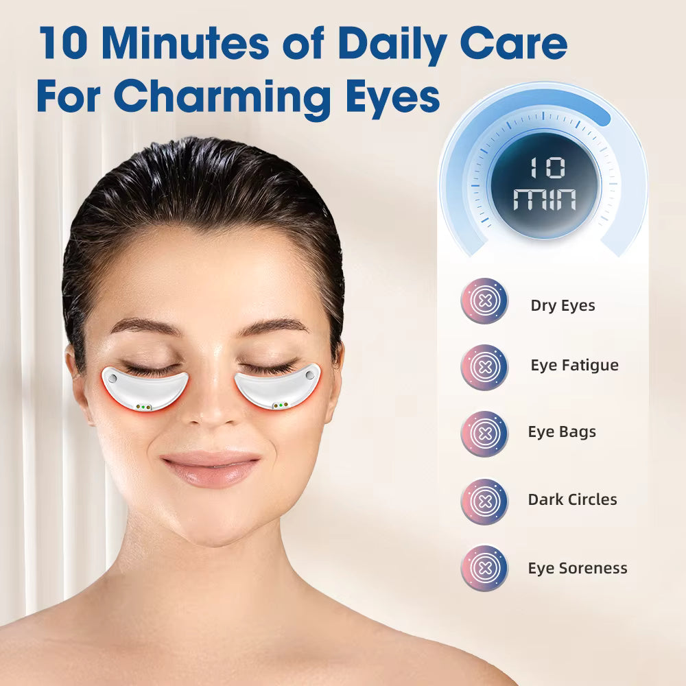 Red LED Under-Eye Patches with Gentle Pulses – 2-Pack, 660nm, 12 LEDs, 3 Levels, 10-Min Timer, Charging Case, White
