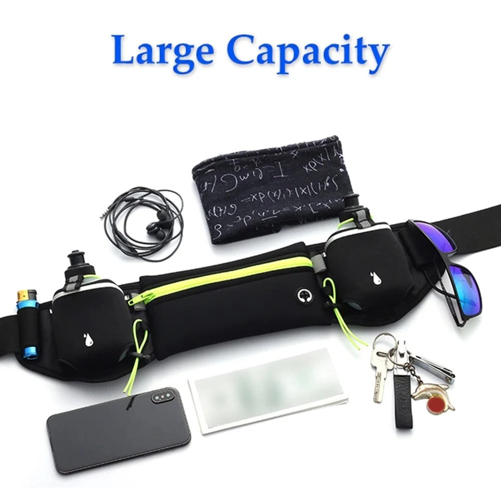 Running Waist Pack with Water Bottles – Adjustable Belt for Phones up to 7 Inches, Hiking and Outdoor Activities