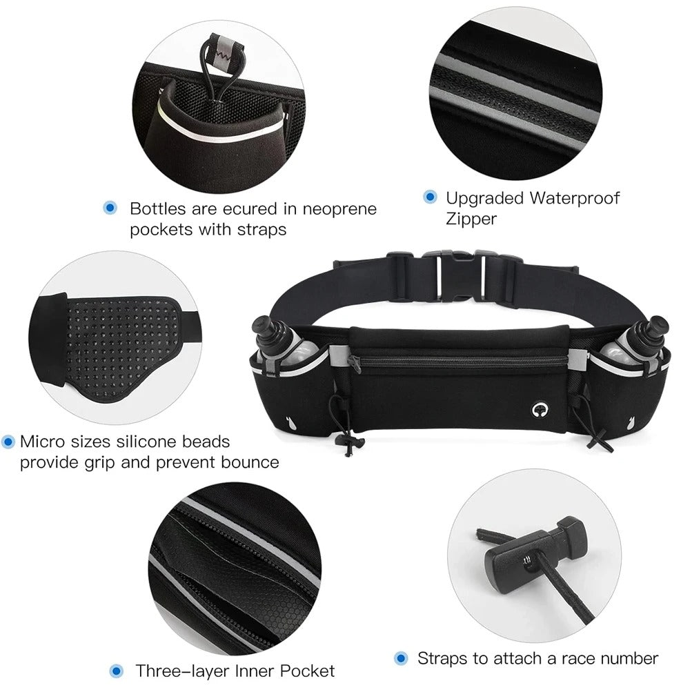 Running Waist Pack with Water Bottles – Adjustable Belt for Phones up to 7 Inches, Hiking and Outdoor Activities