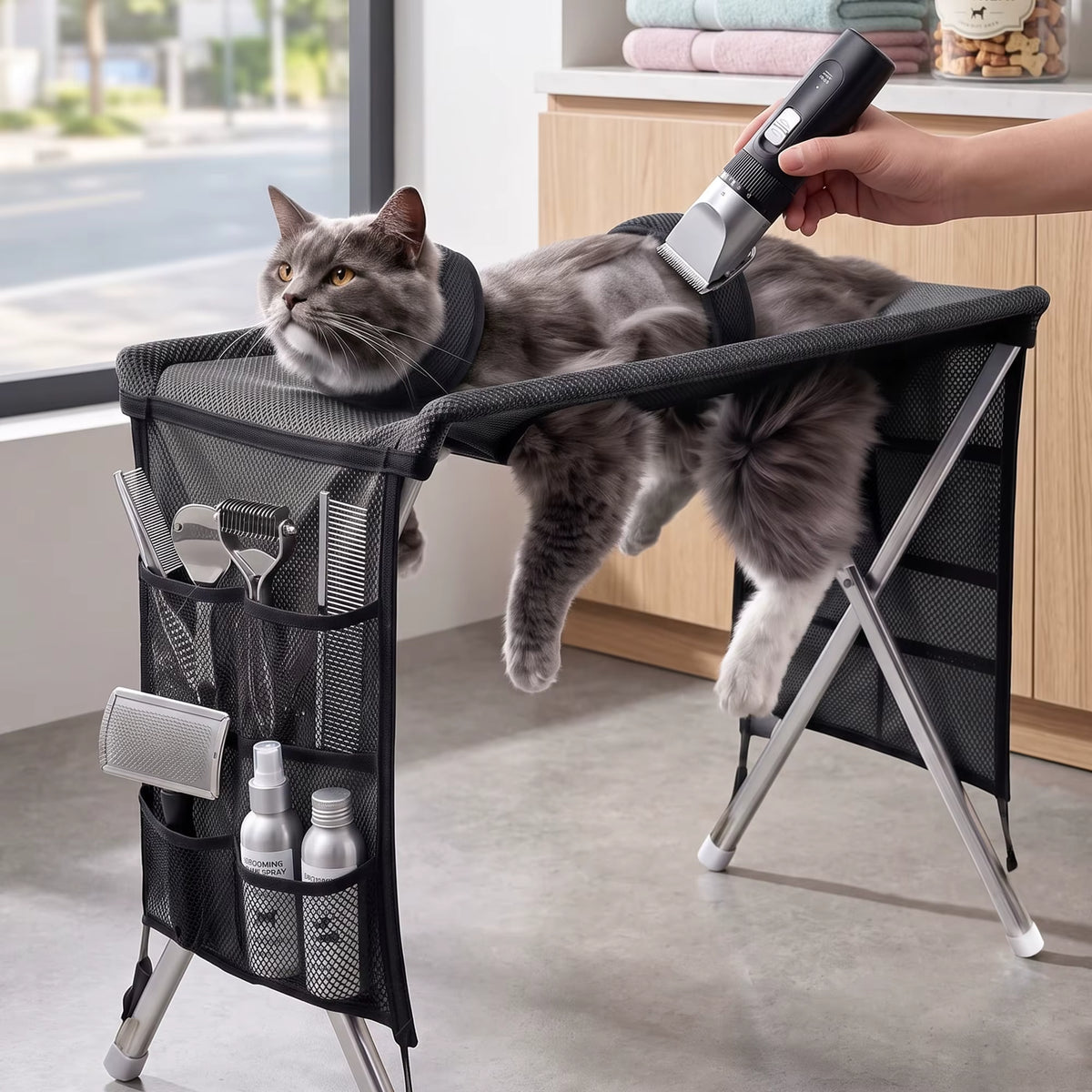 Foldable Pet Grooming Hammock Stand for Cats and Small Dogs – Nail Trimming and Bathing Kit