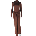 CM.YAYA Women's Long Sleeve Turtleneck Maxi Dress – Ribbon Detail, Ruched Design, Full-Length Fit