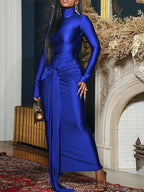 CM.YAYA Women's Long Sleeve Turtleneck Maxi Dress – Ribbon Detail, Ruched Design, Full-Length Fit