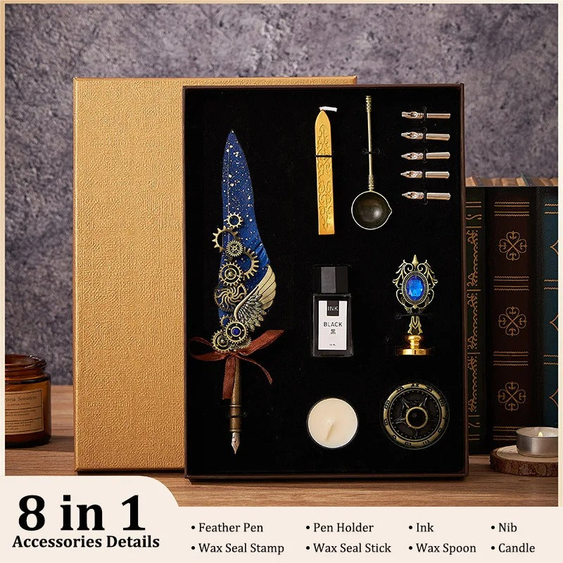 5-Color Feather Dip Pen Set with 5 Replaceable Nibs – Decorative Calligraphy and Signature Writing Pen