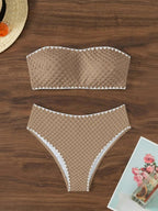 Women's Two-Piece Strapless Swimsuit – White Bandeau Bikini Set with Lace-Up Back