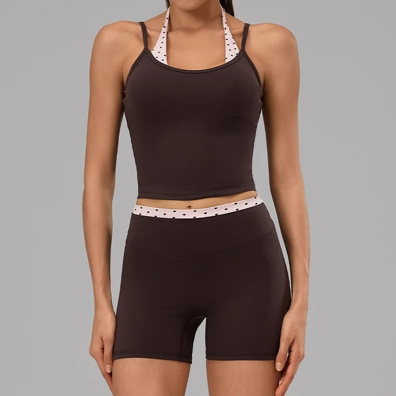 Hearuisavy Women's 2-Piece Polka Dot Activewear Set – Cross-Back Top and High-Waisted Shorts