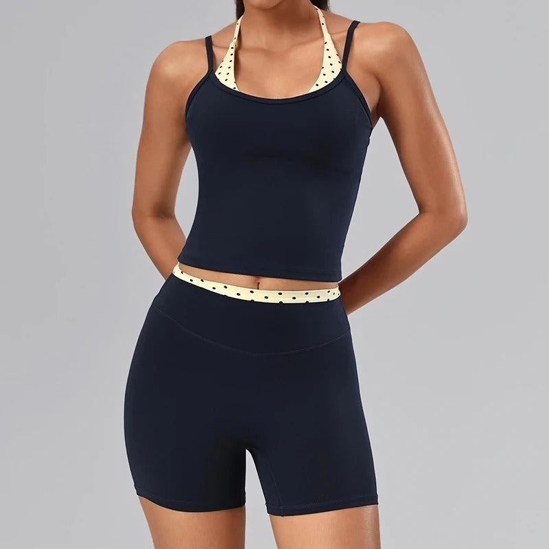 Hearuisavy Women's 2-Piece Polka Dot Activewear Set – Cross-Back Top and High-Waisted Shorts
