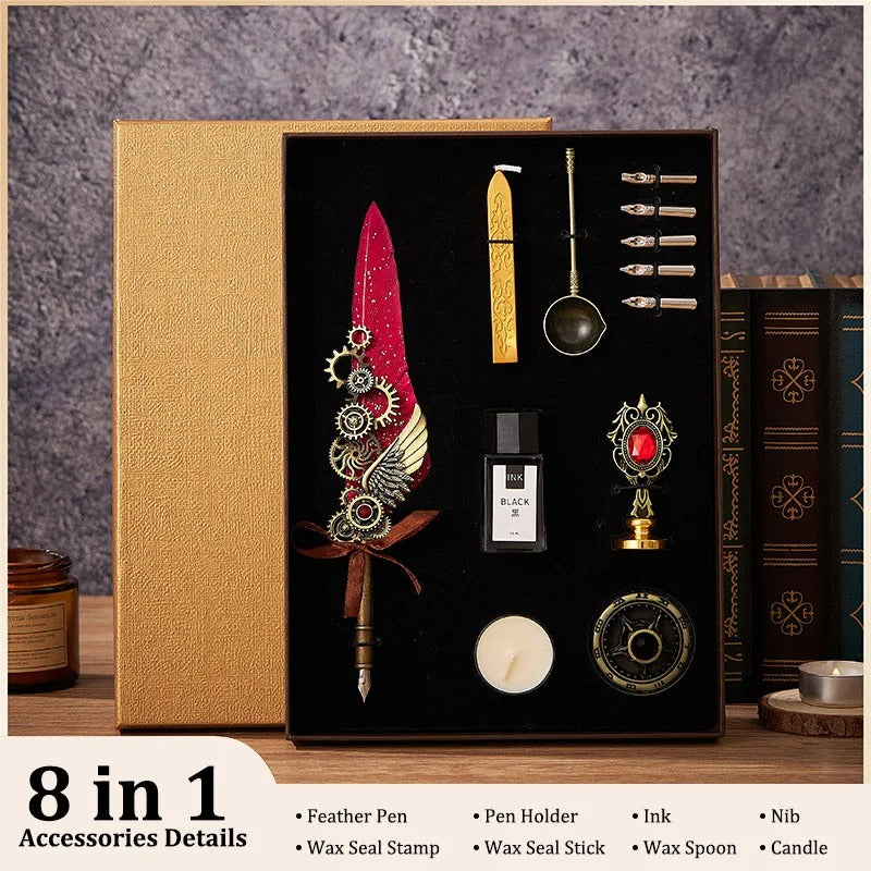 5-Color Feather Dip Pen Set with 5 Replaceable Nibs – Decorative Calligraphy and Signature Writing Pen