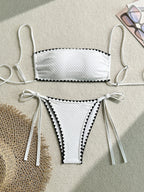 Women's Two-Piece Strapless Swimsuit – White Bandeau Bikini Set with Lace-Up Back