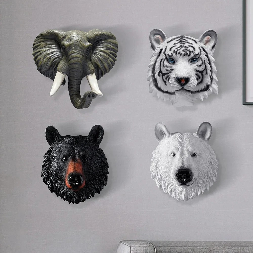 Resin Animal Head Wall Decor – Tiger, Bear and Elephant Sculpture