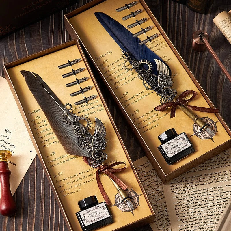 5-Color Feather Dip Pen Set with 5 Replaceable Nibs – Decorative Calligraphy and Signature Writing Pen