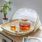 Round Bamboo Serving Basket with Mesh Food Cover – Picnic and Outdoor Use