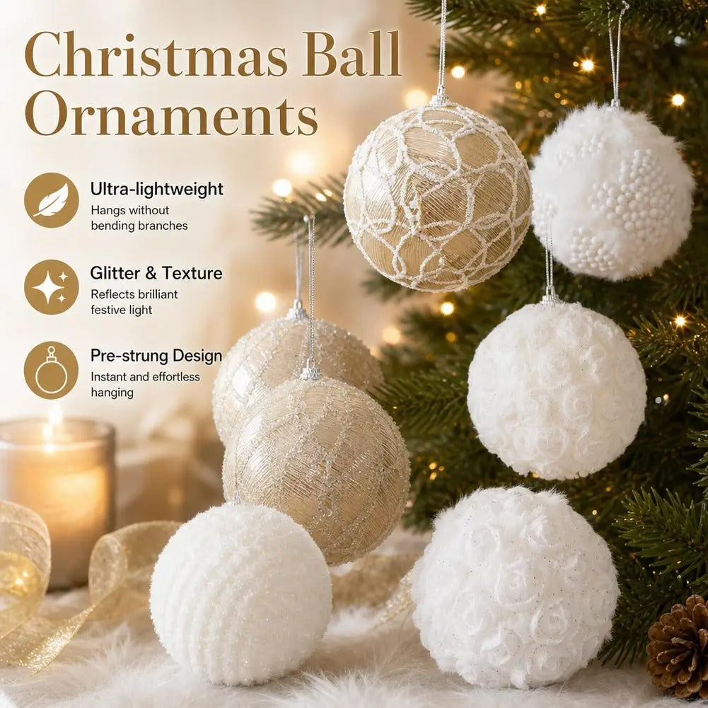 10cm White and Gold Christmas Ball Ornaments – Plush Mesh Hanging Tree Decorations
