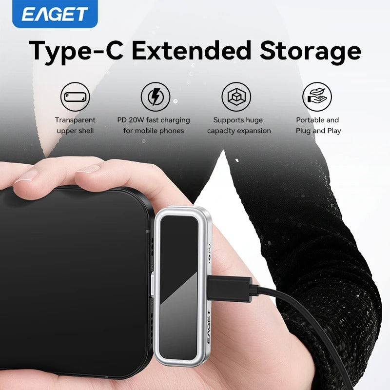 EAGET I30 USB-C Flash Drive, 64GB/128GB/256GB/512GB, LCD Display, 20W PD Fast Charging for Compatible Phones and Tablets