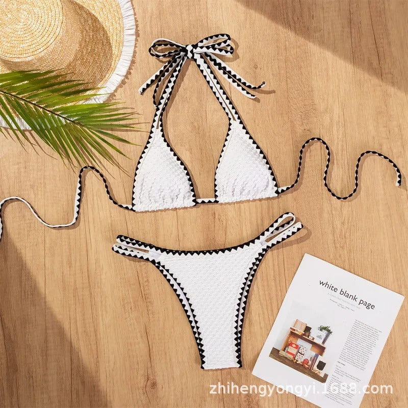 Women's Two-Piece Strapless Swimsuit – White Bandeau Bikini Set with Lace-Up Back