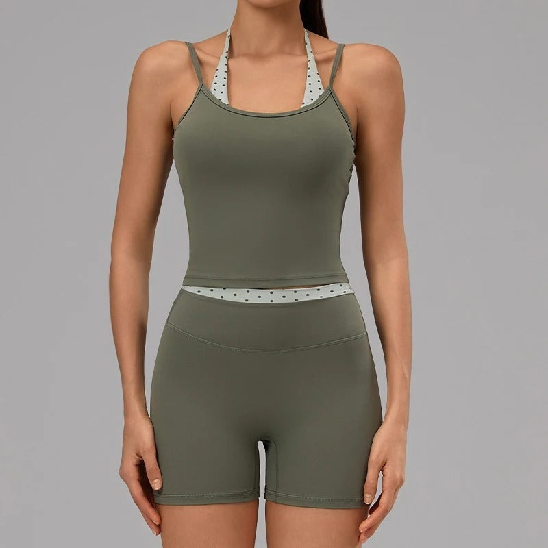 Hearuisavy Women's 2-Piece Polka Dot Activewear Set – Cross-Back Top and High-Waisted Shorts