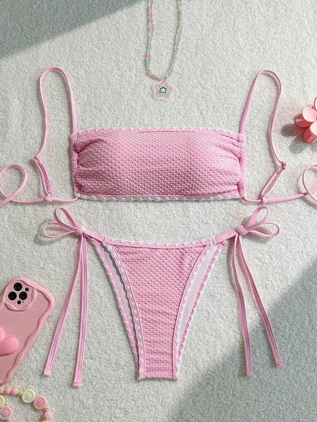 Women's Two-Piece Strapless Swimsuit – White Bandeau Bikini Set with Lace-Up Back