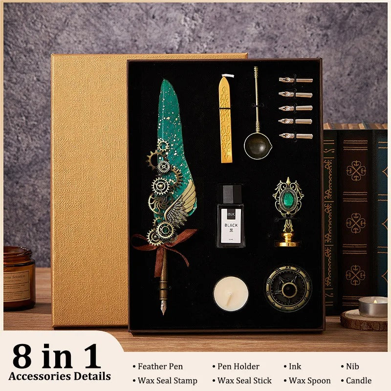 5-Color Feather Dip Pen Set with 5 Replaceable Nibs – Decorative Calligraphy and Signature Writing Pen