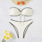 Women's Two-Piece Strapless Swimsuit – White Bandeau Bikini Set with Lace-Up Back