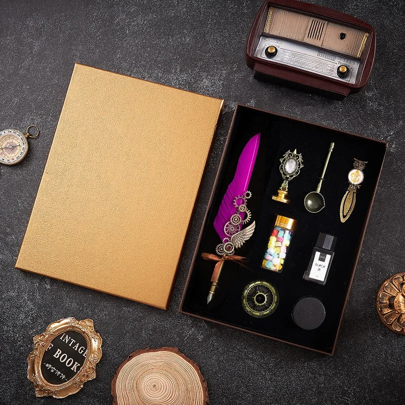 5-Color Feather Dip Pen Set with 5 Replaceable Nibs – Decorative Calligraphy and Signature Writing Pen