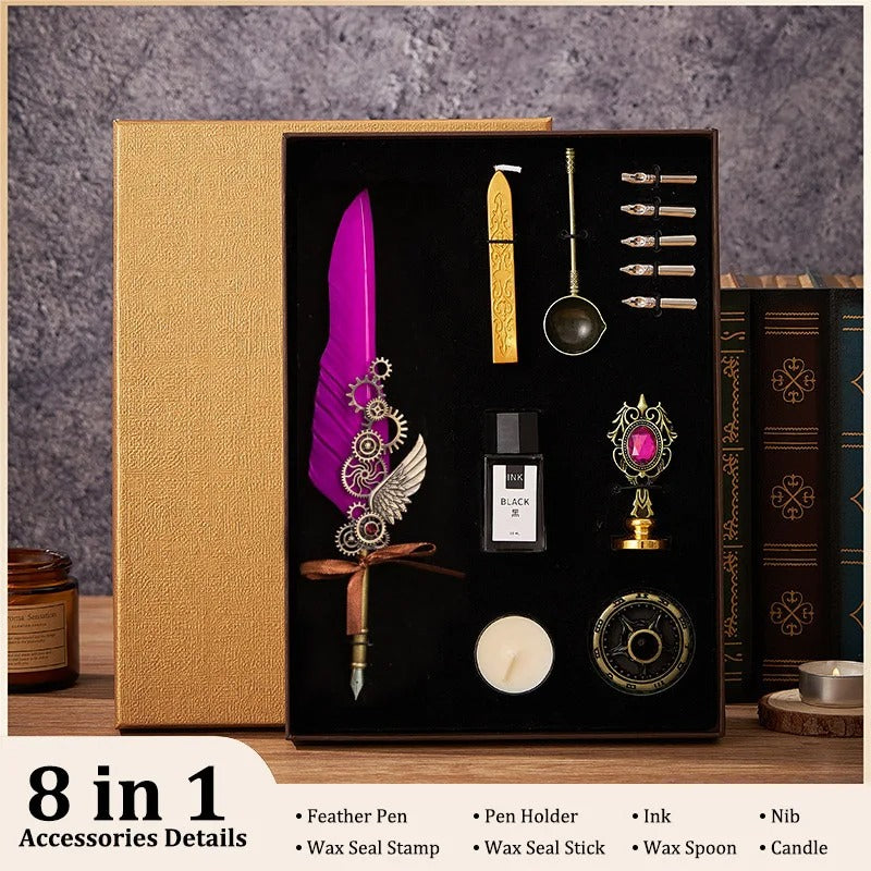 5-Color Feather Dip Pen Set with 5 Replaceable Nibs – Decorative Calligraphy and Signature Writing Pen