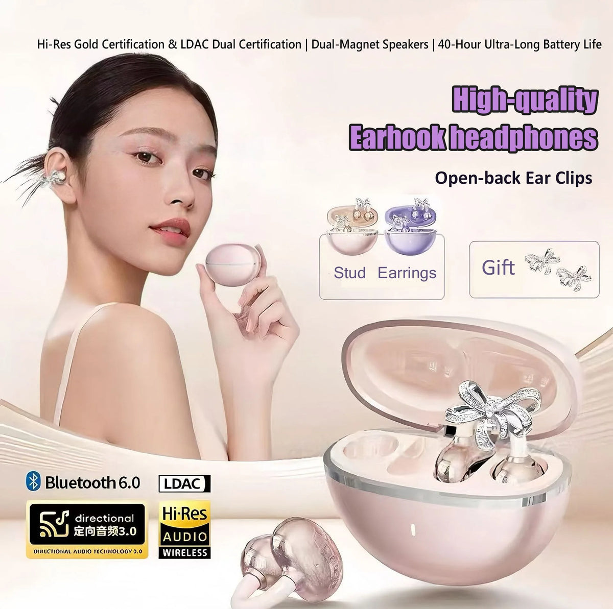 Bluetooth 6.0 Clip-On Wireless Earbuds – Star-Ring Design with Hi-Fi Sound