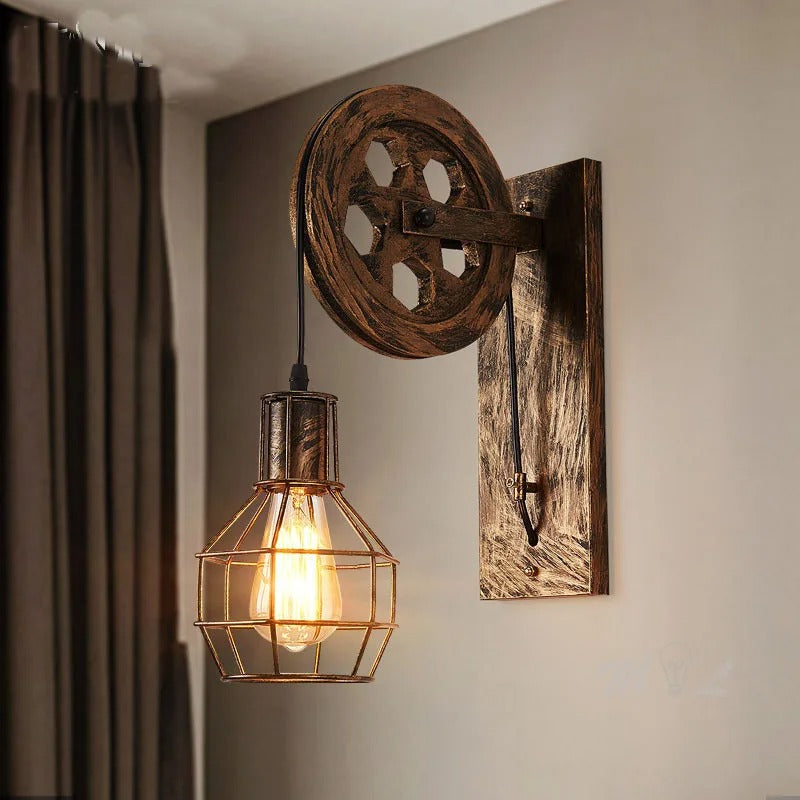 Vintage Industrial LED Wall Sconce – Retro Pulley-Style Wall Light Fixture for Bedroom and Living Room
