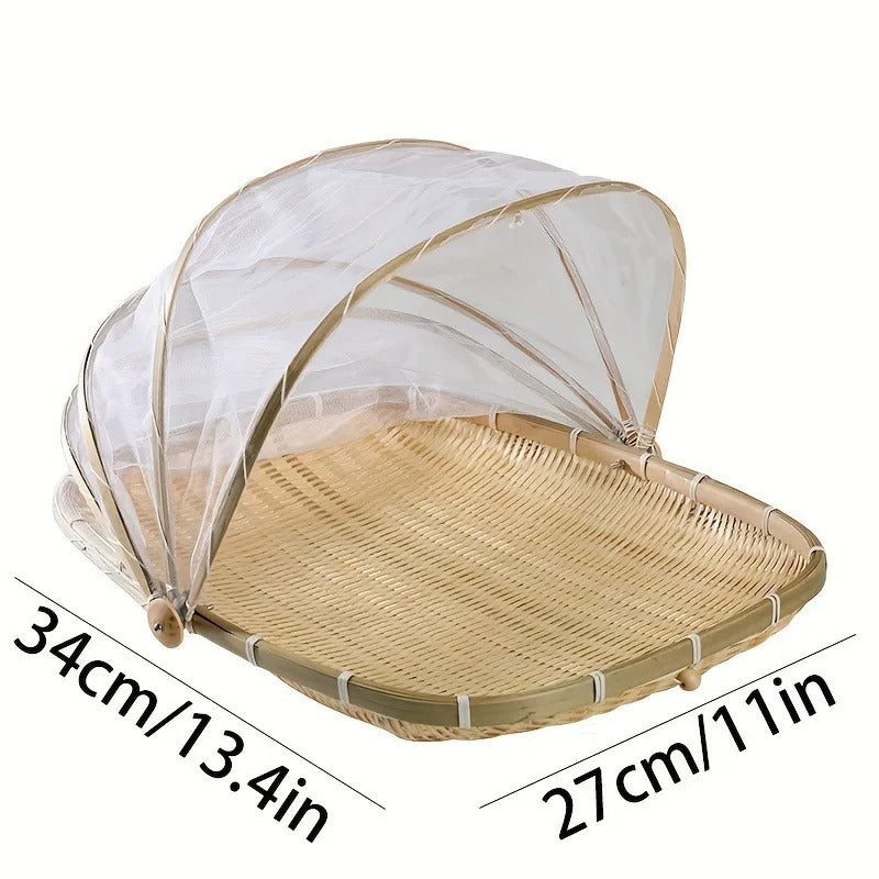 Round Bamboo Serving Basket with Mesh Food Cover – Picnic and Outdoor Use