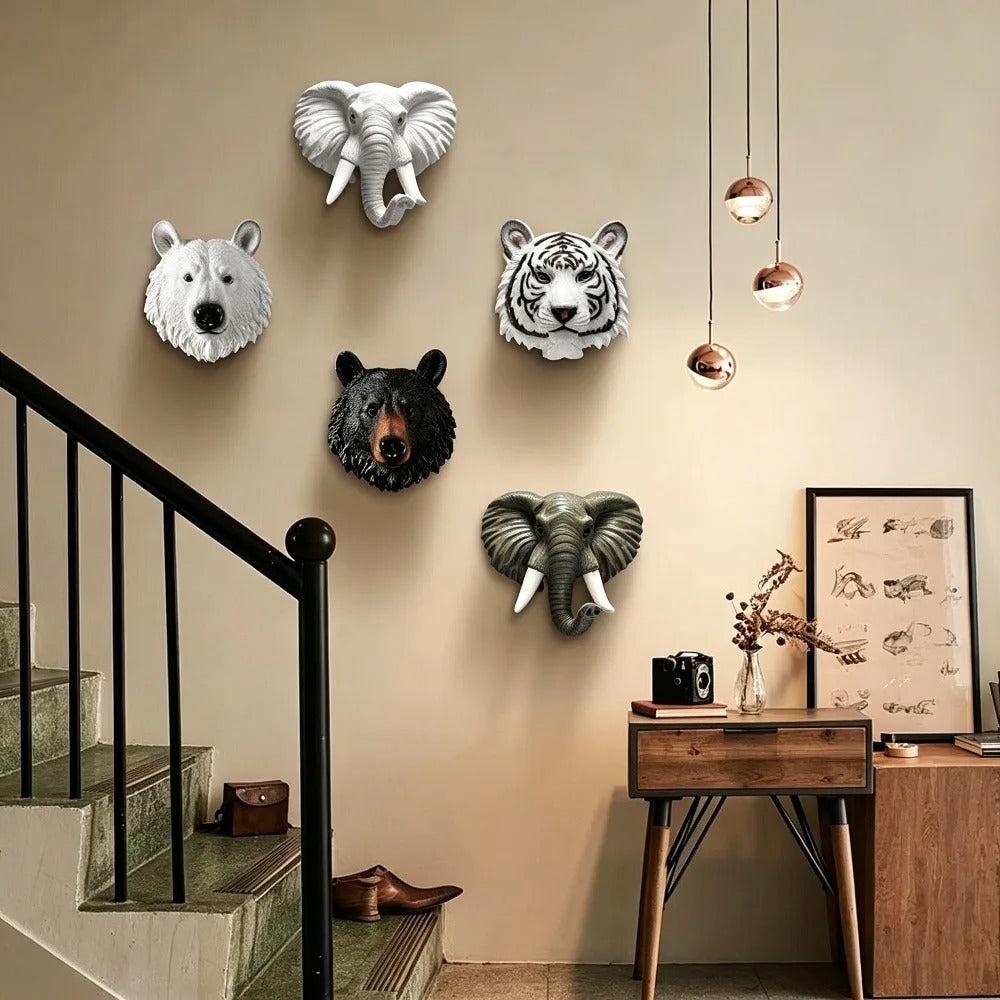 Resin Animal Head Wall Decor – Tiger, Bear and Elephant Sculpture