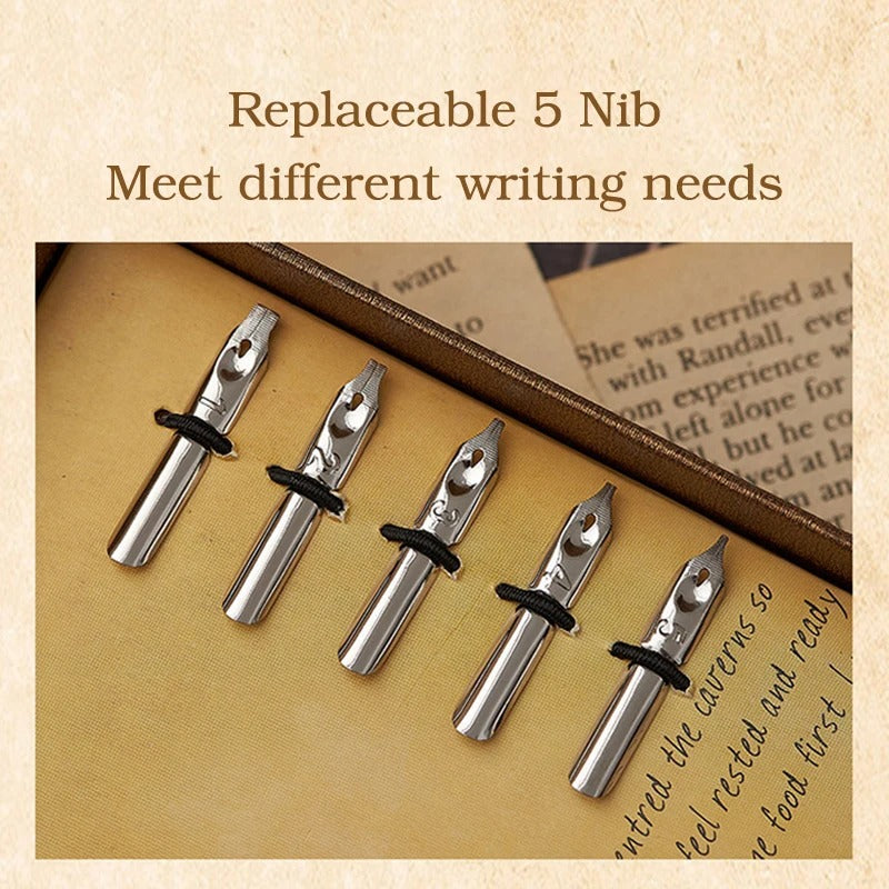 5-Color Feather Dip Pen Set with 5 Replaceable Nibs – Decorative Calligraphy and Signature Writing Pen