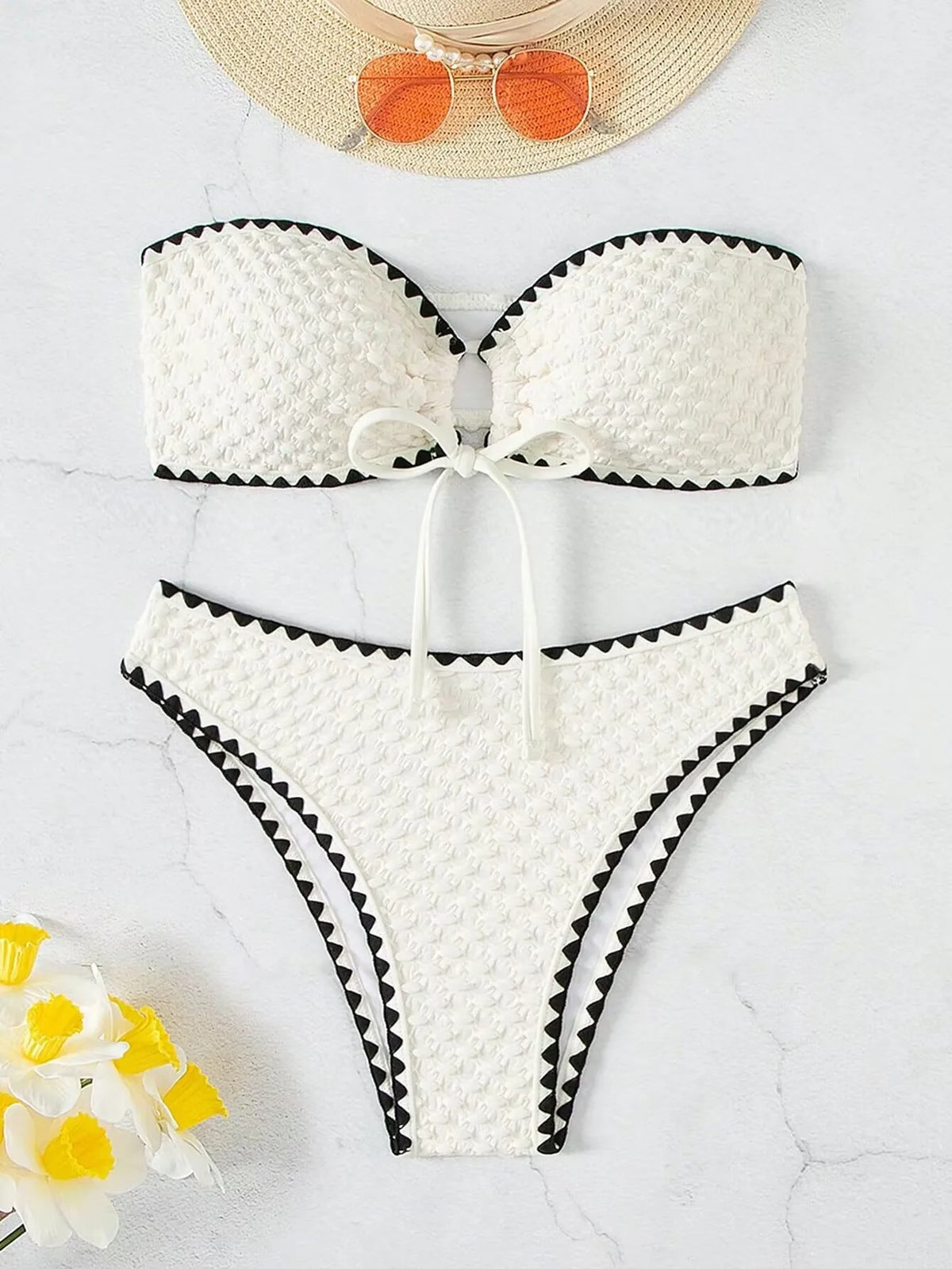 Women's Two-Piece Strapless Swimsuit – White Bandeau Bikini Set with Lace-Up Back