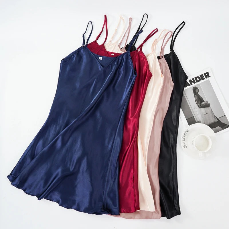 Women's Satin V-Neck Nightgown – Sleeveless Lightweight Sleepwear, Plus Size