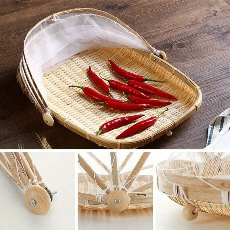 Round Bamboo Serving Basket with Mesh Food Cover – Picnic and Outdoor Use