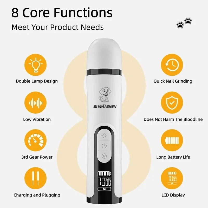 Electric Pet Nail Grinder with LED Power Display – Rechargeable Grooming Tool for Cats and Dogs