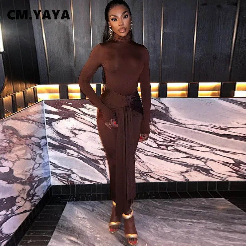 CM.YAYA Women's Long Sleeve Turtleneck Maxi Dress – Ribbon Detail, Ruched Design, Full-Length Fit