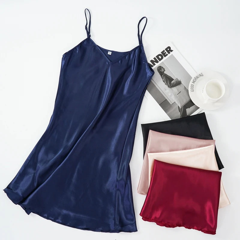 Women's Satin V-Neck Nightgown – Sleeveless Lightweight Sleepwear, Plus Size